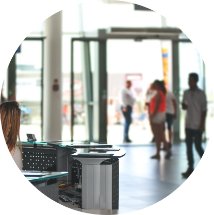 building entrance with group of people