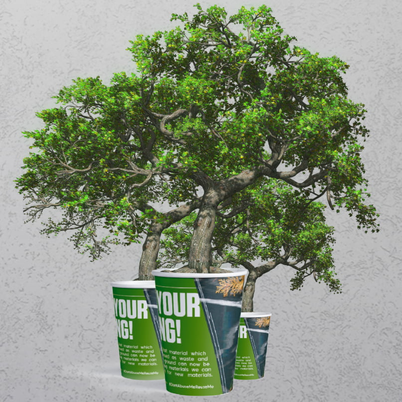 Biodegradable paper cup with tree coming out