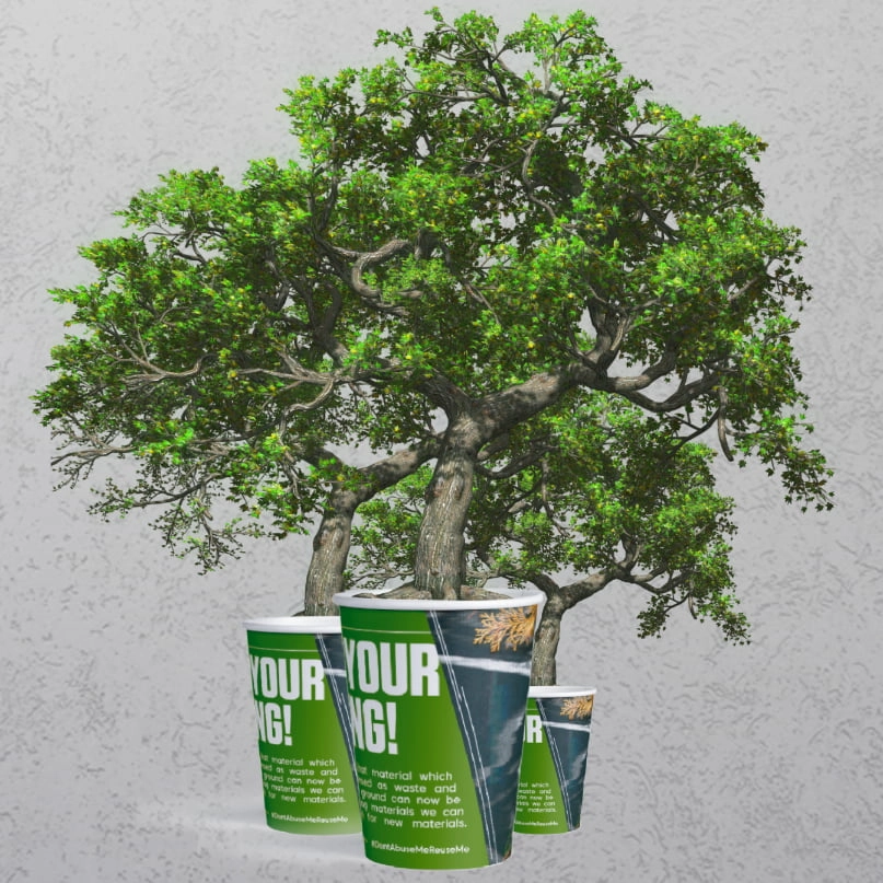Biodegradable paper cup with tree coming out
