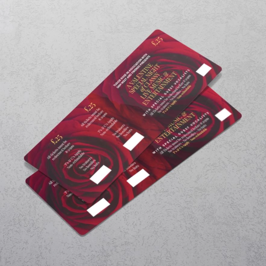 red printed event tickets with tearaway stubs