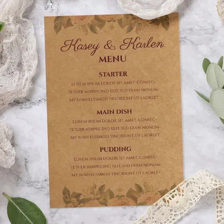 Floral print on Kraft wedding menu