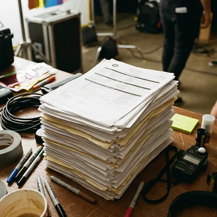 behind the scenes music video paperwork stack document printing