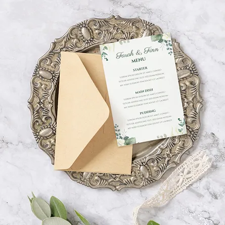 floral white and green wedding menu