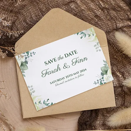 Fresh White and Green Floral save the date card