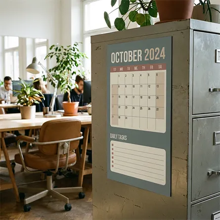 Magnetic Poster On Office Filing Cabinet Workspace