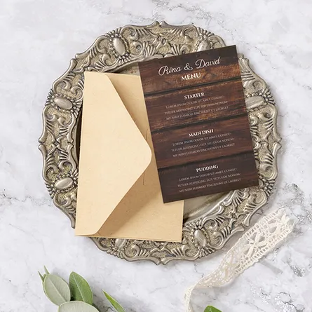 rustic wood effect wedding menu