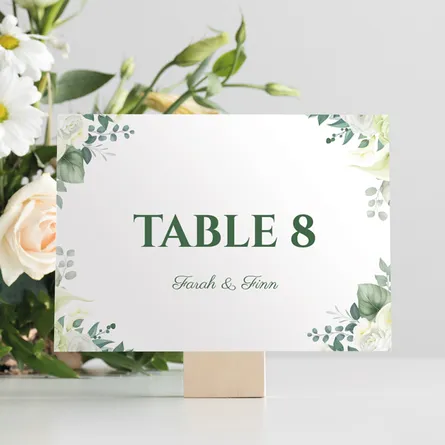 white and green floral table number