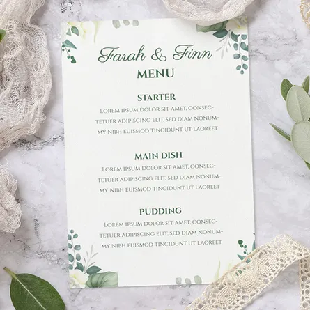 white and green floral menu