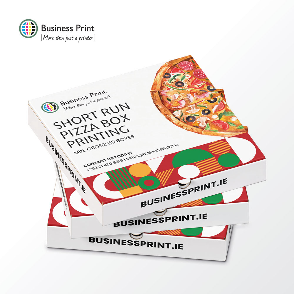 Short-Run Custom-Printed Pizza Boxes Four Custom printed pizza Boxes stacked