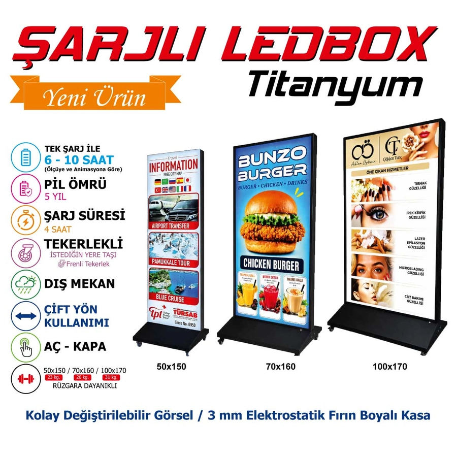 Şarjlı LED Box Titanyum | Taşınabilir Dış Mekan Reklam Panosu