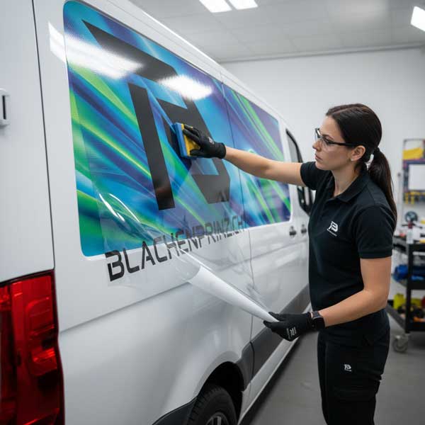 Frau bei Windowfolienverklebung an Fahrzeug