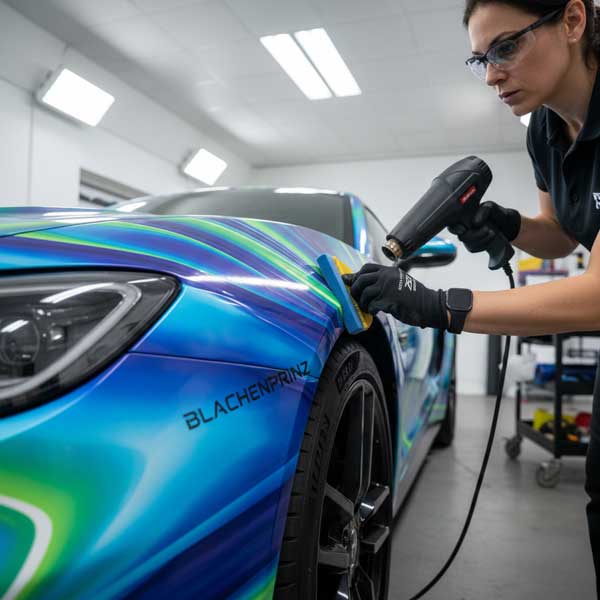 Frau bei einer 3D Folien Verklebung an einem Fahrzeug