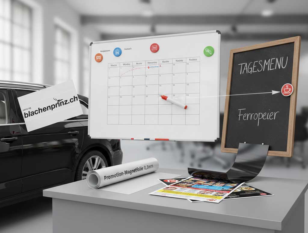 Magnetische Werbebotschaften. Bild mit Übersicht von magnetischen Anwendungen.