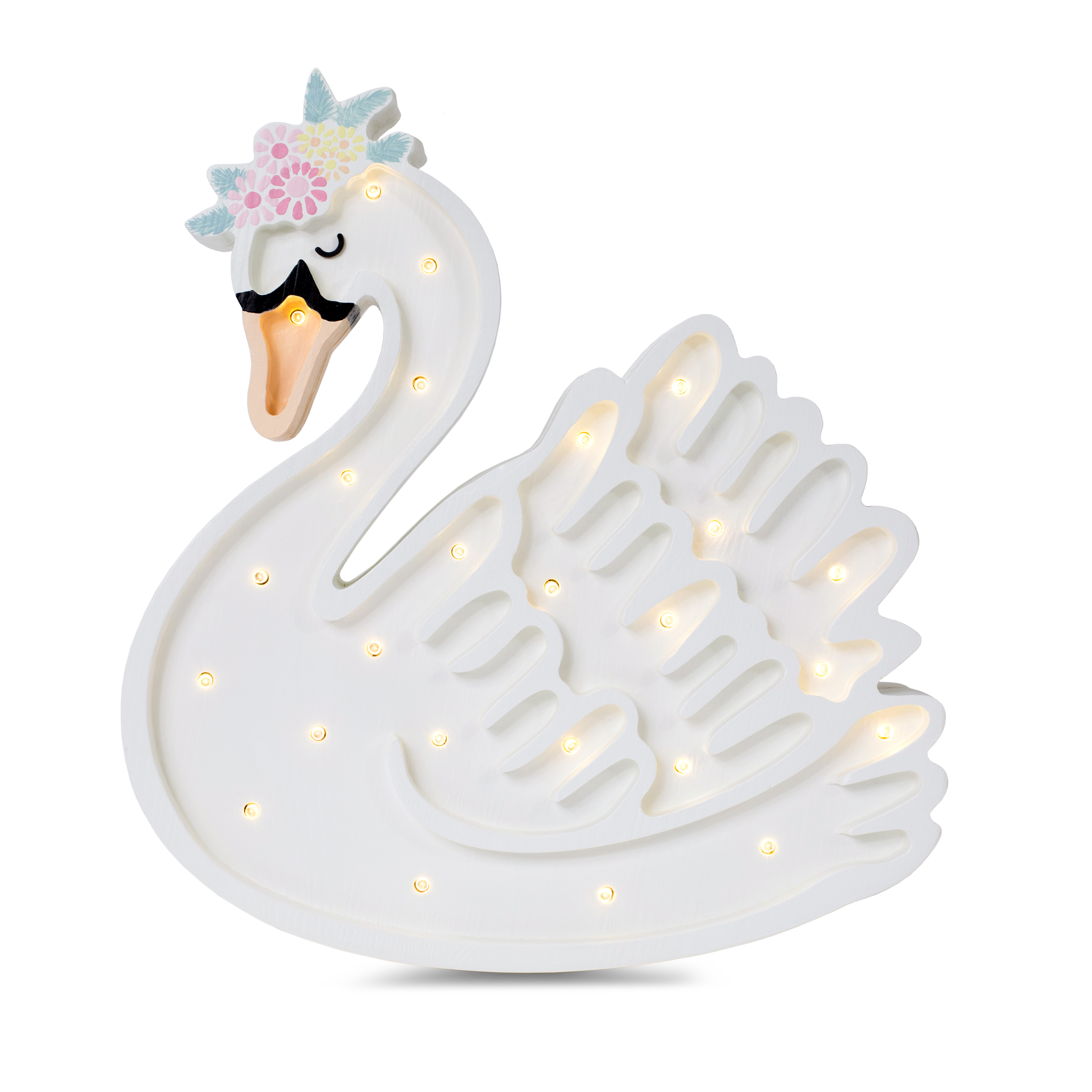 Handgefertigte Kinderzimmerlampe Schwan aus Holz von Little Lights", "Dimmbare Schwan Wandlampe im Kinderzimmer.