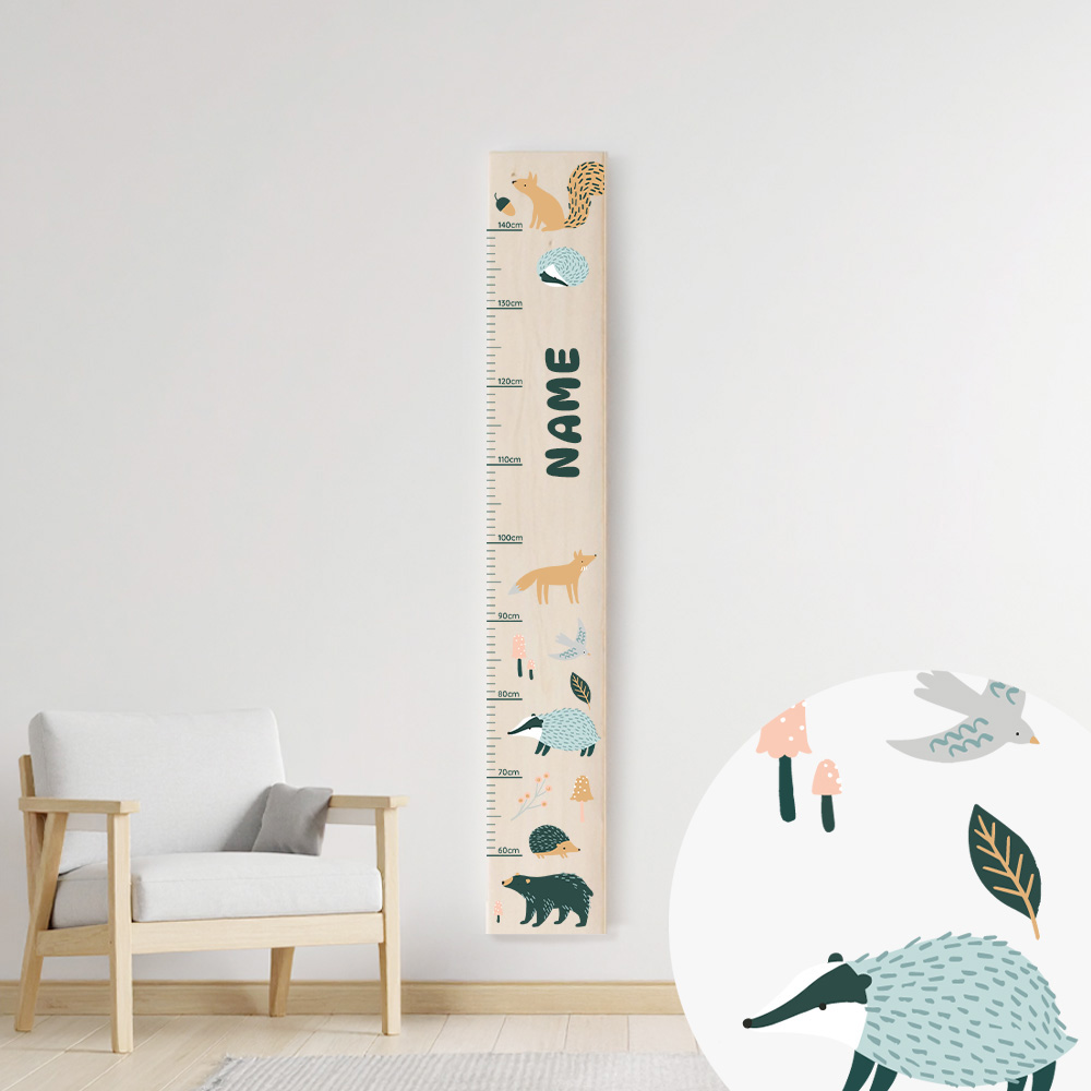 Personalisierte Holz-Messlatte magic forest – Gemeinsam mit Waldtieren wachsen