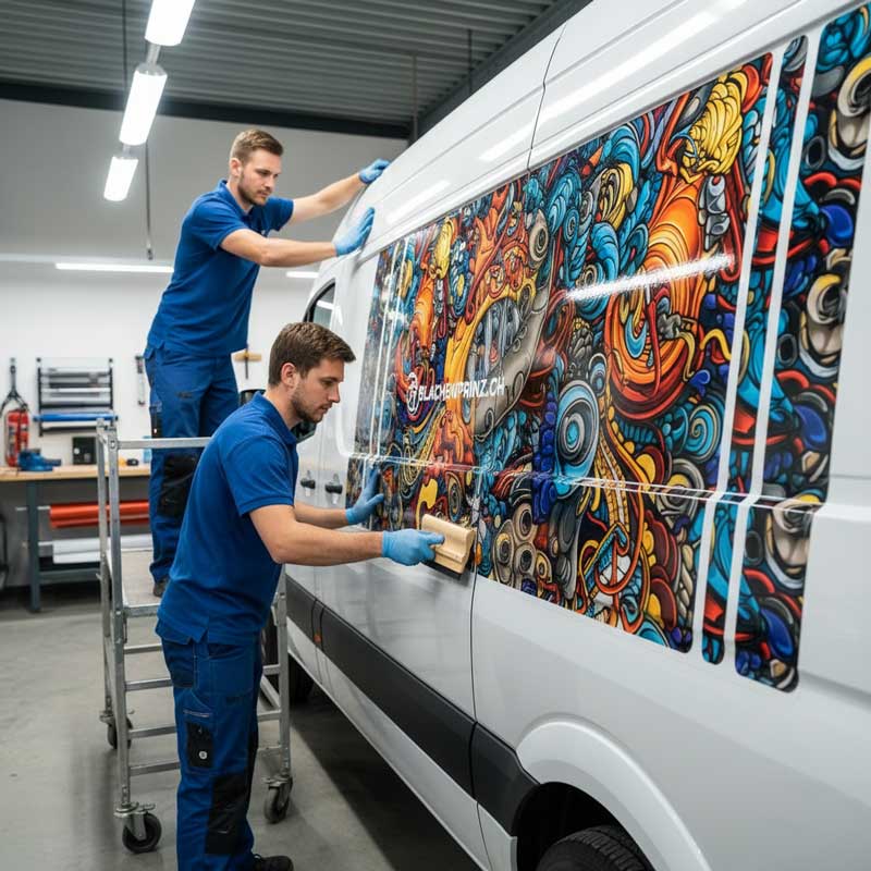 Grosser Aufkleber bei seitlicher Fahrzeugbeschriftung