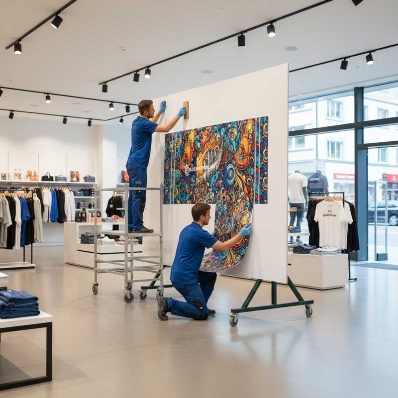 Beschriftung einer Werbetafel mit Aufkleber in Modehaus