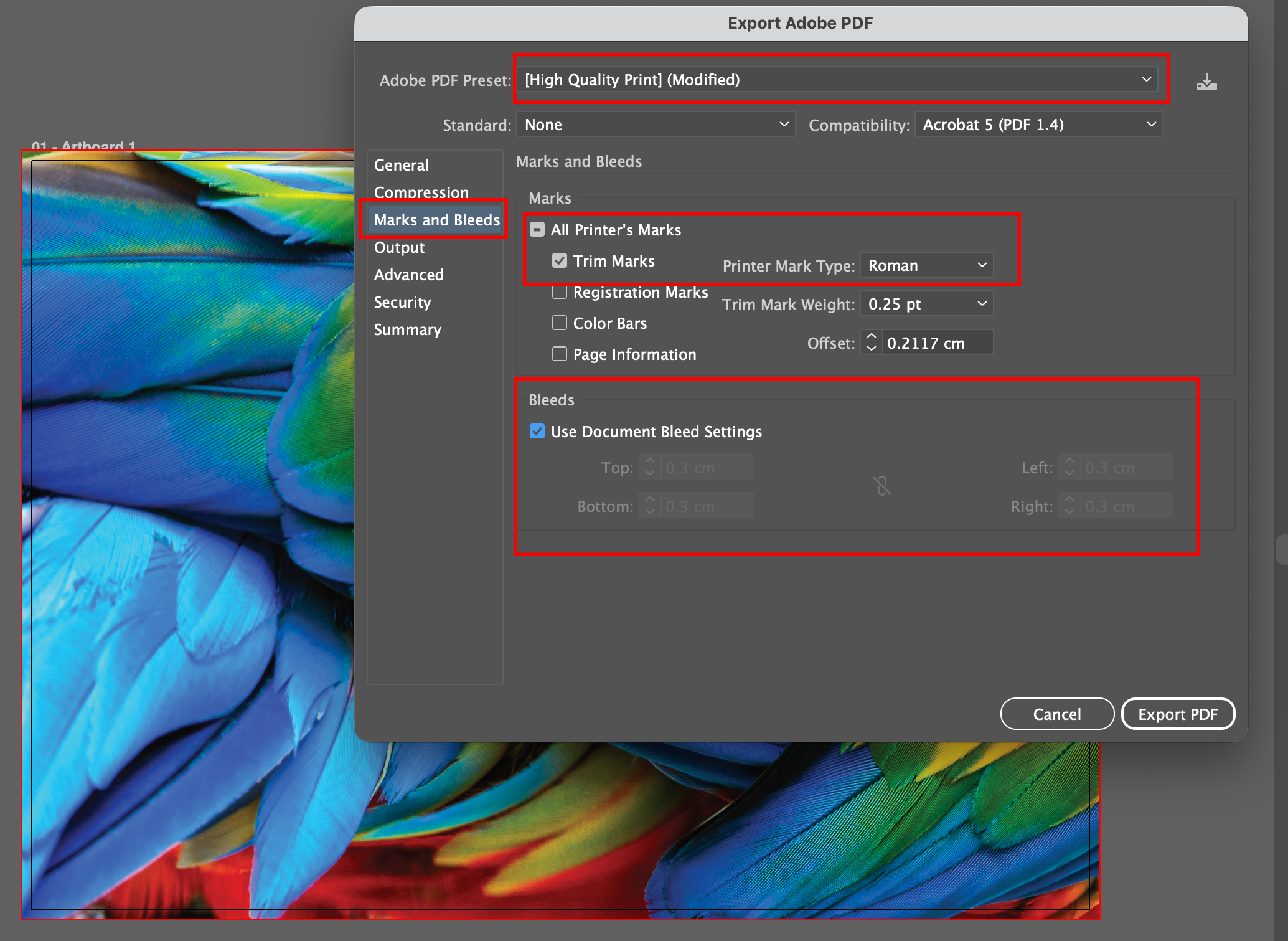 Setting Up Bleed and High Quality Settings