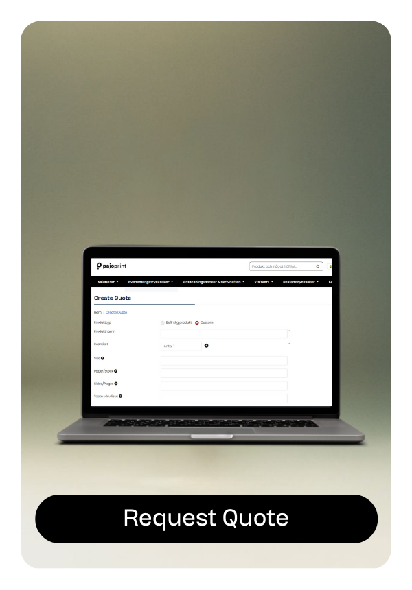 Computer screen with blue background showing Pajoprint logo and text “Send quote request for a custom solution”, with a print