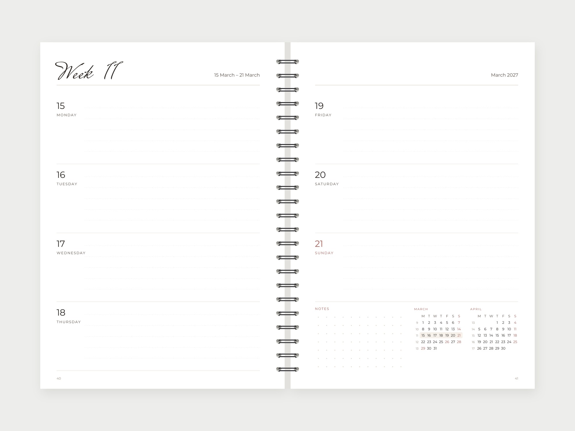 Weekly planner 2027 – calligraphy style, week on two pages