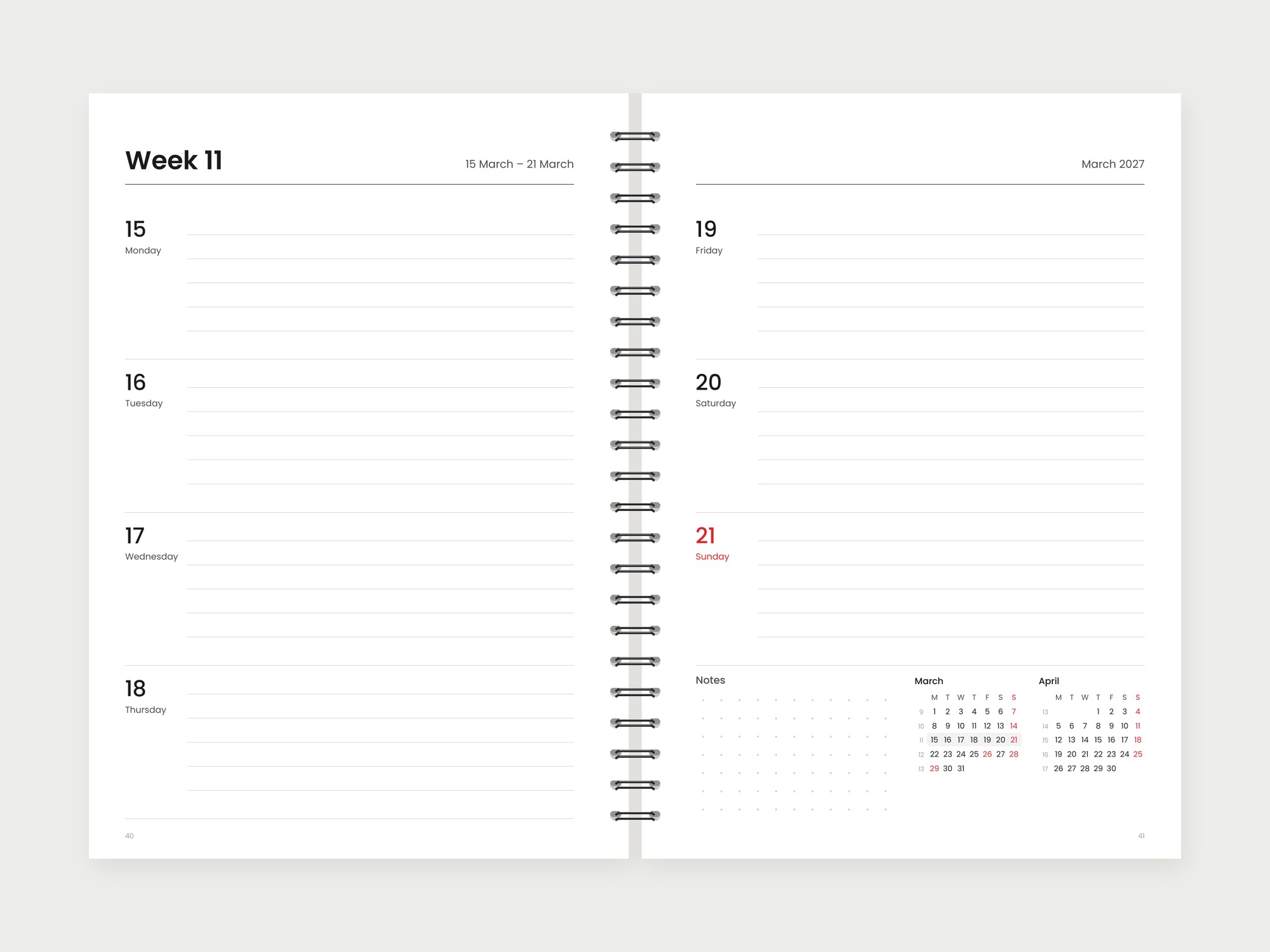 Weekly planner 2027 – classic style, week on two pages