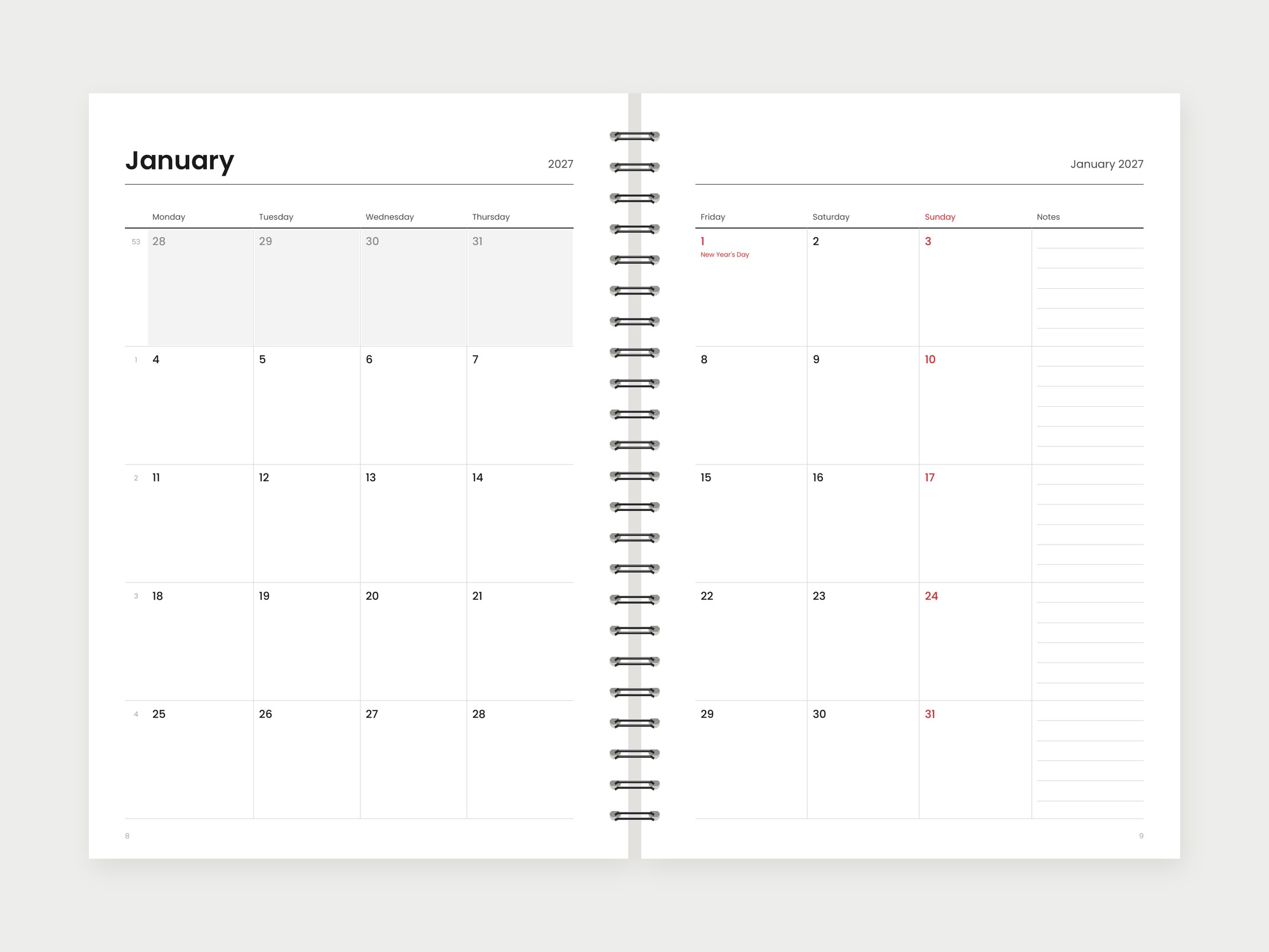 Weekly planner 2027 – month overview