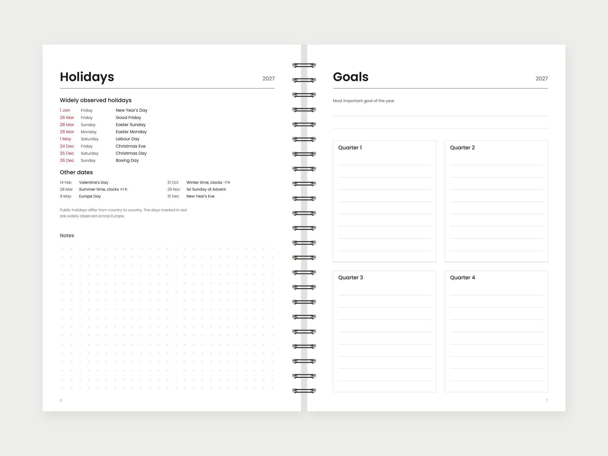 Weekly planner 2027 – holidays and goals