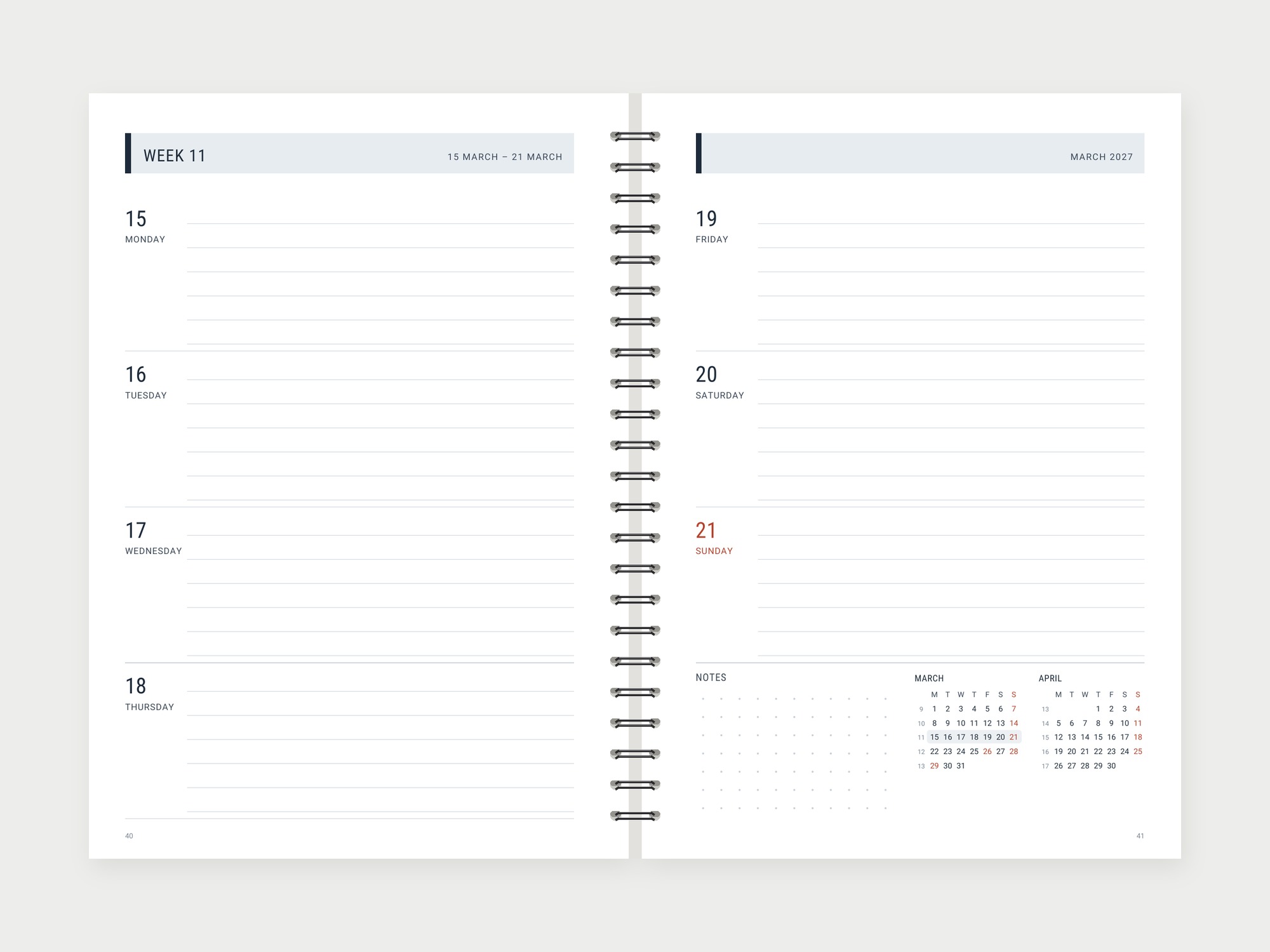 Weekly planner 2027 – modern style, week on two pages