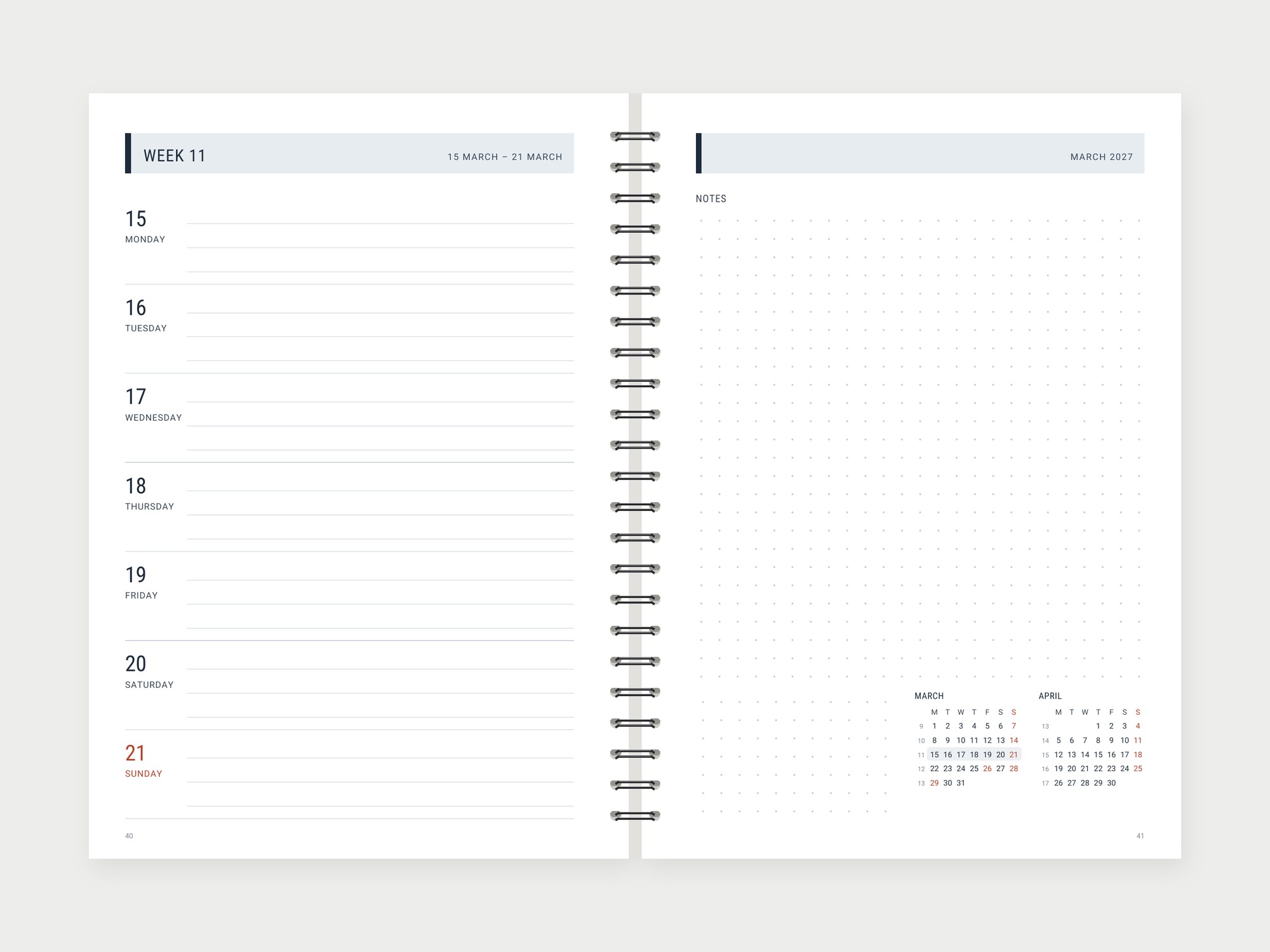 Weekly planner 2027 – modern style, week on the left, notes on the right