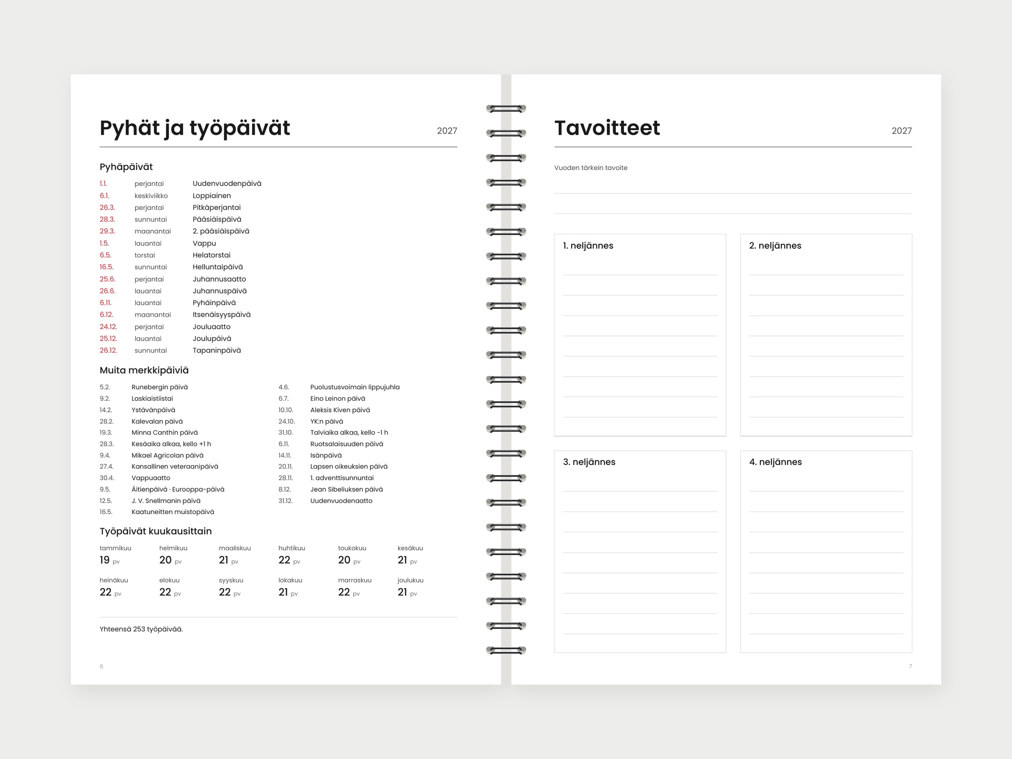 Viikkokalenteri 2027 – pyhät ja tavoitteet