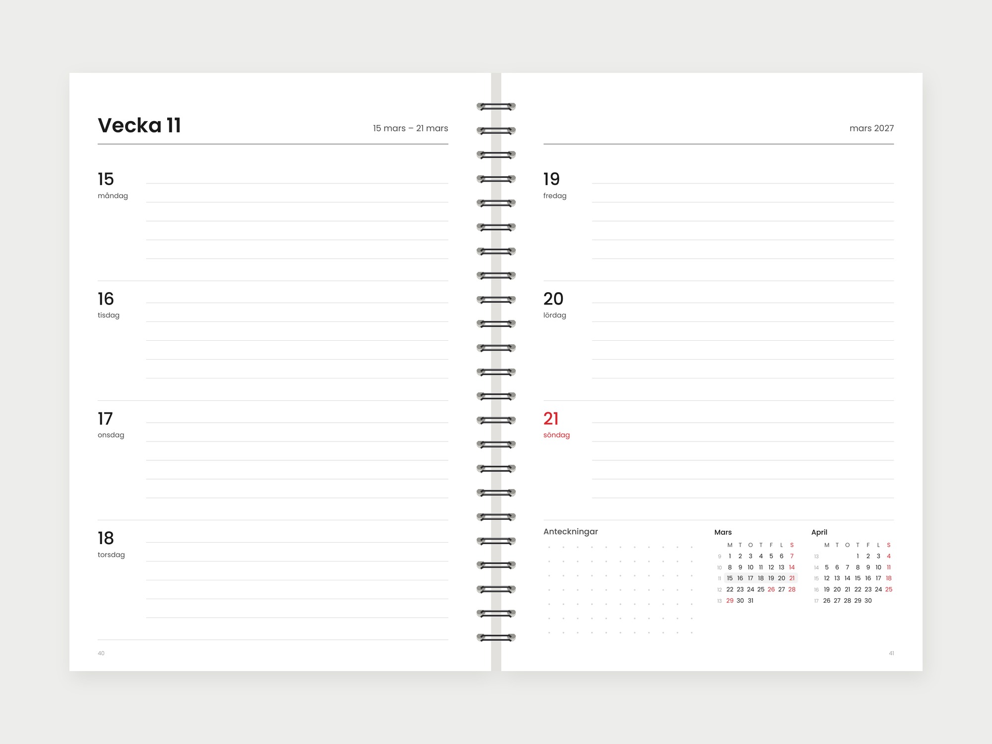 Veckokalender 2027 – klassisk stil, vecka per uppslag