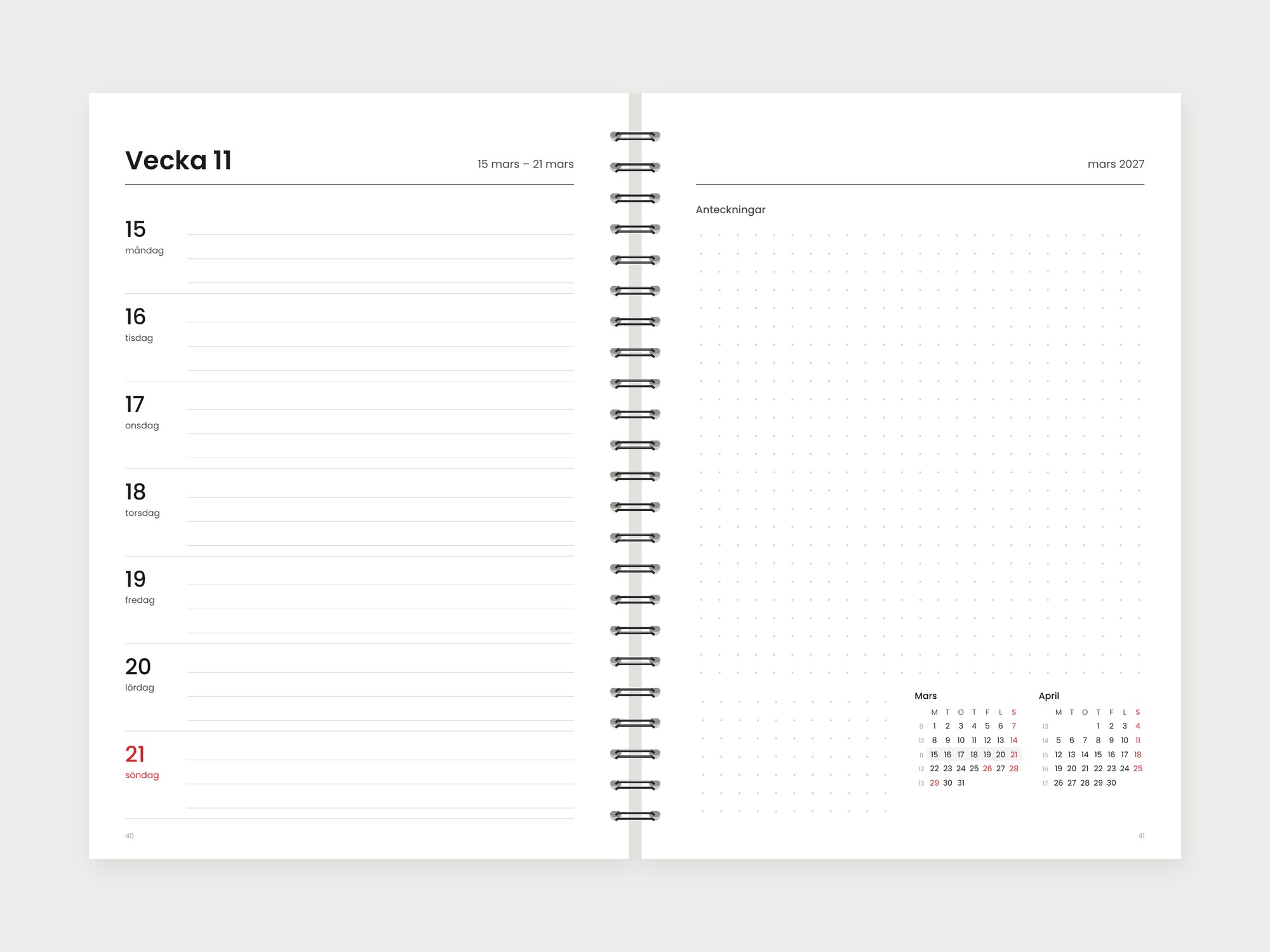 Veckokalender 2027 – klassisk stil, vecka till vänster, anteckningar till höger