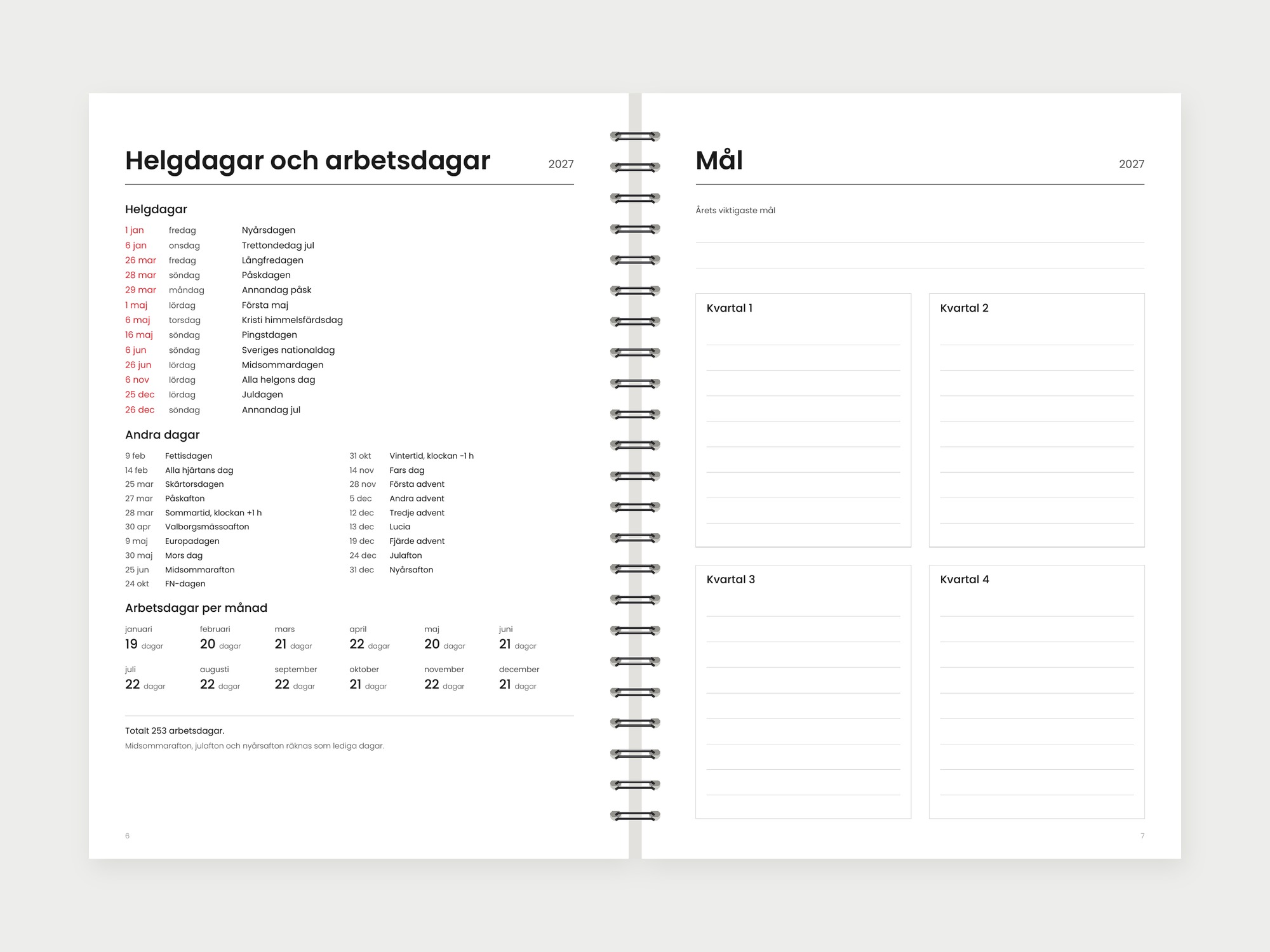 Veckokalender 2027 – helgdagar och mål