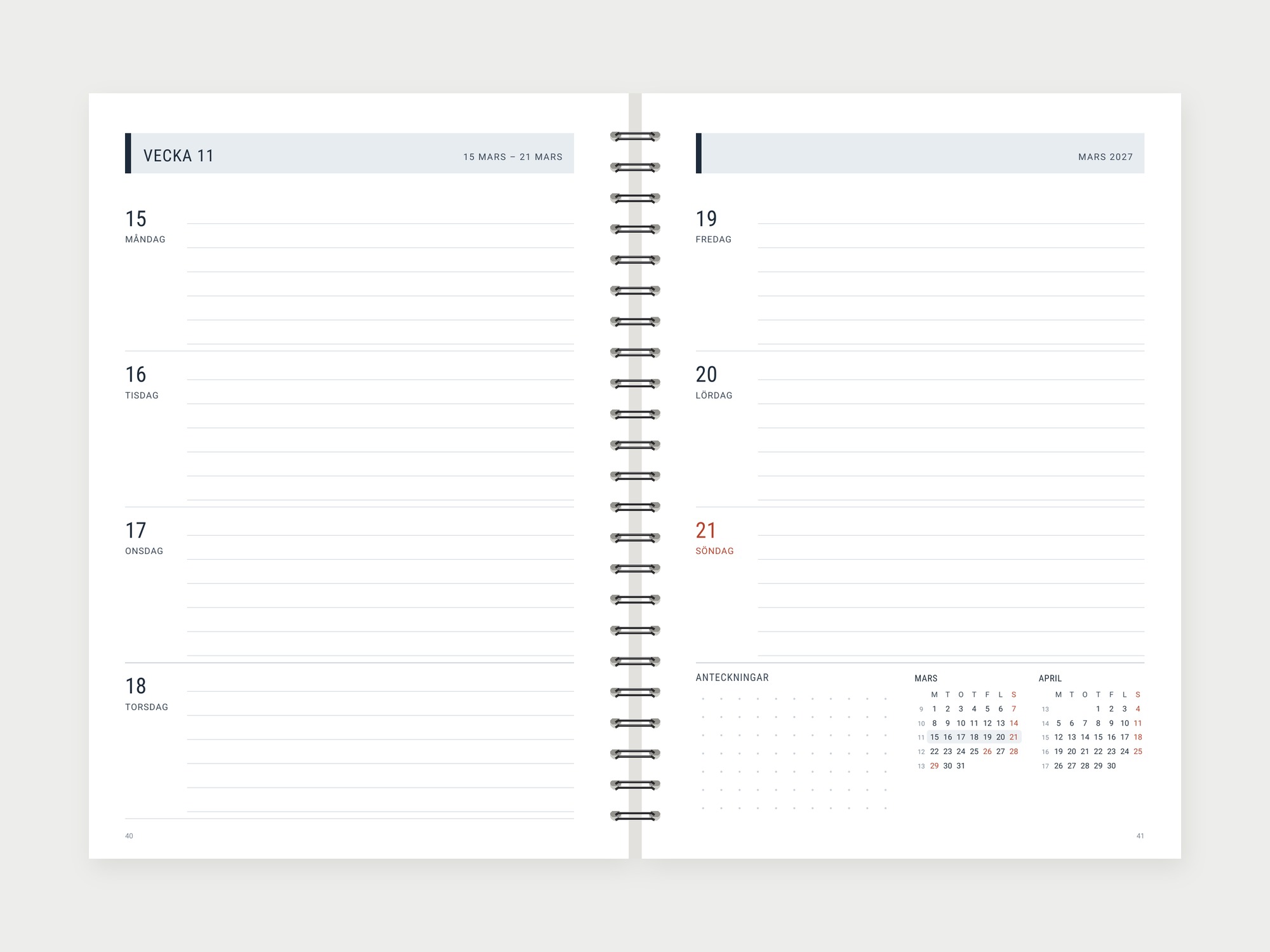 Veckokalender 2027 – modern stil, vecka per uppslag