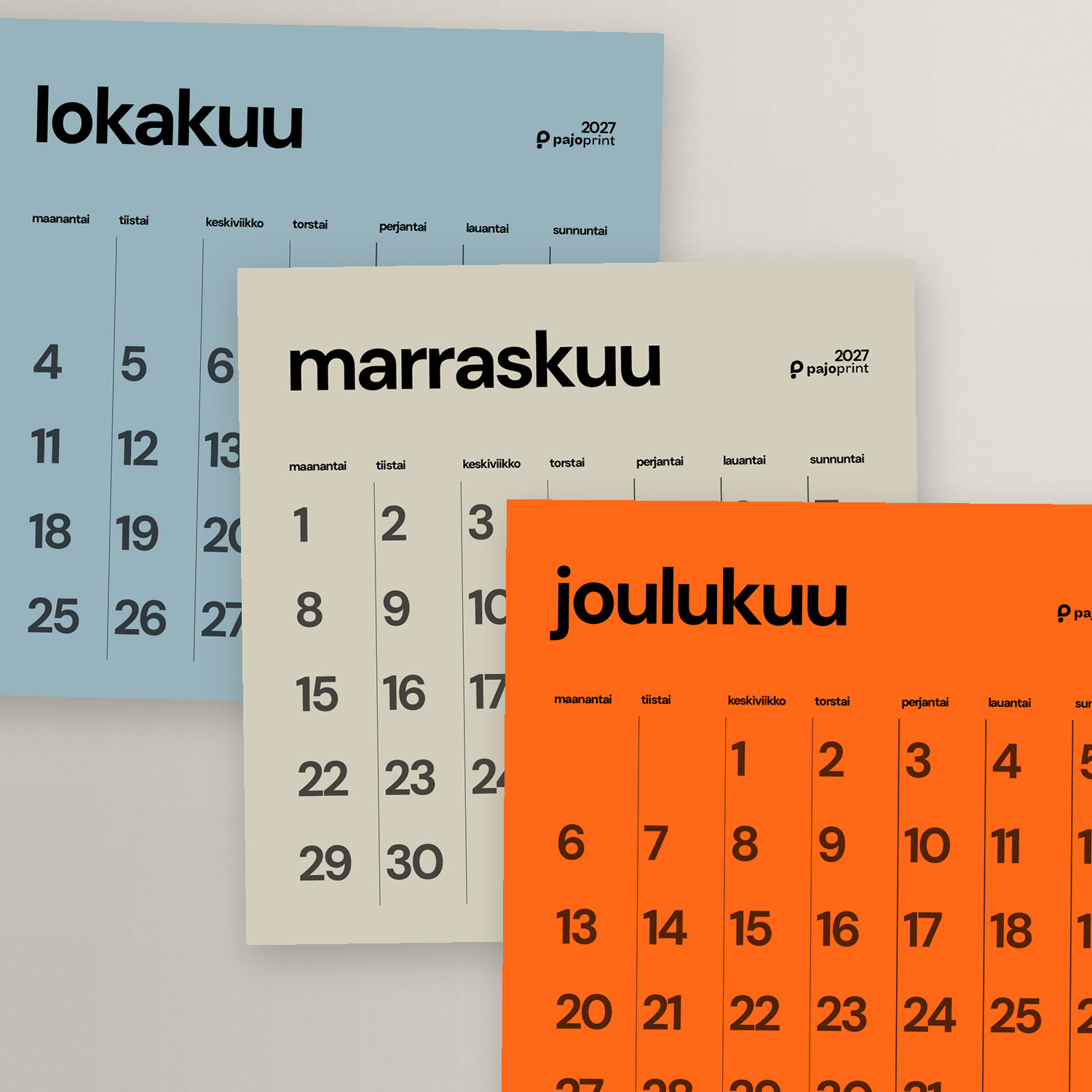 Julistekalenteri 2027 – loka-, marras- ja joulukuu