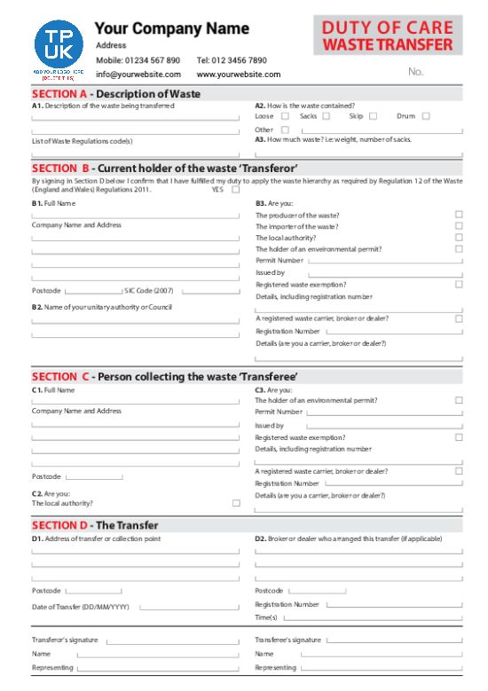 Duty of Care WASTE TRANSFER NOTE Template Designs