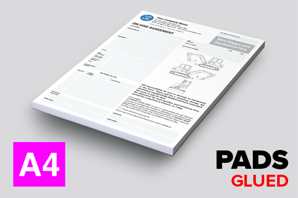 Mini Digger and Equipment Hire Agreement Template — A4 — Glued PADS