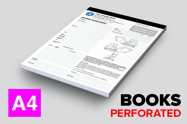 Mini Digger and Equipment Hire Agreement Template — A4 — Perforated & Stapled BOOKS