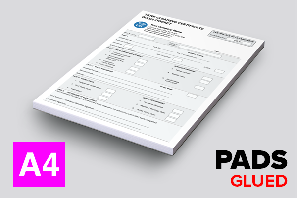 Tank Cleaning Certificate / Wash Docket Template — A4 — Glued PADS