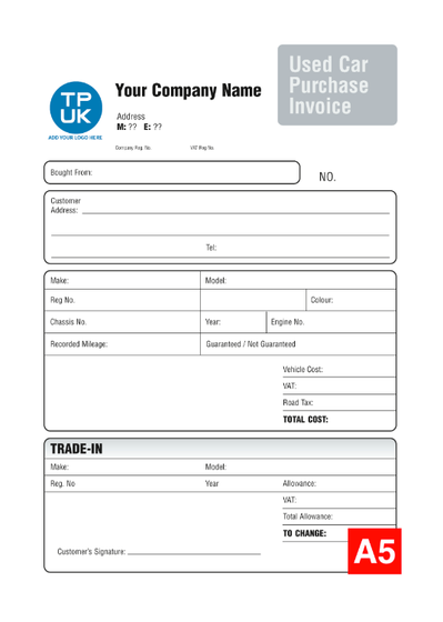 Used Cars Purchase Invoice - A5 Template