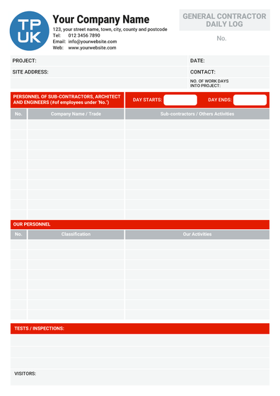 Construction General Contractor Daily Log A4 Template