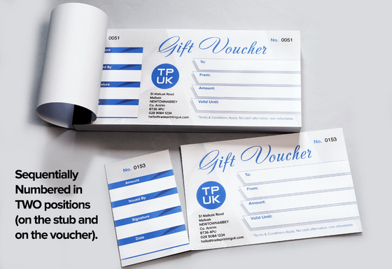 Custom Gift Voucher printing sequentially numbered in 2 positions