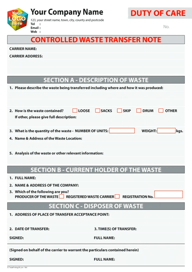 Duty of Care Controlled Waste Transfer Note