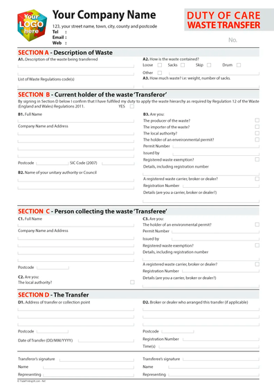 Duty of Care Waste Transfer Note