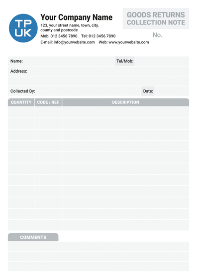 GRN Goods Returns Collection Note A5 template by TradePrintingUK for NCR print