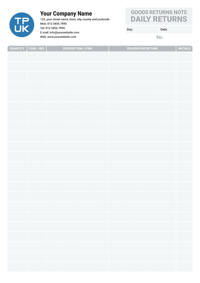GRN Goods Returns Note Daily Returns A4 template by TradePrintingUK for NCR print