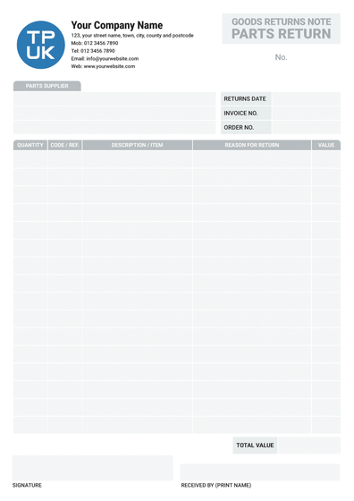 GRN Goods Returns Note Parts Return A4 template by TradePrintingUK for NCR print
