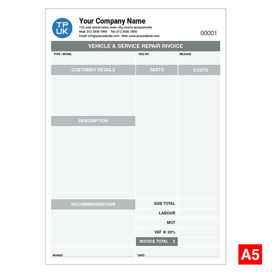 Car Mechanic Vehicle Service and Repair Invoice template by TradePrintingUK for NCR print