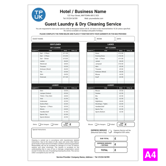 Guest Laundry List A4 Template for Drycleaning