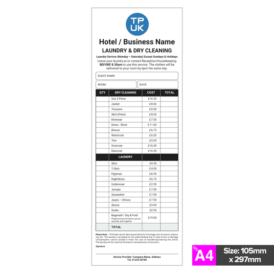 Guest Laundry List 1/2 A4 Template for Drycleaning